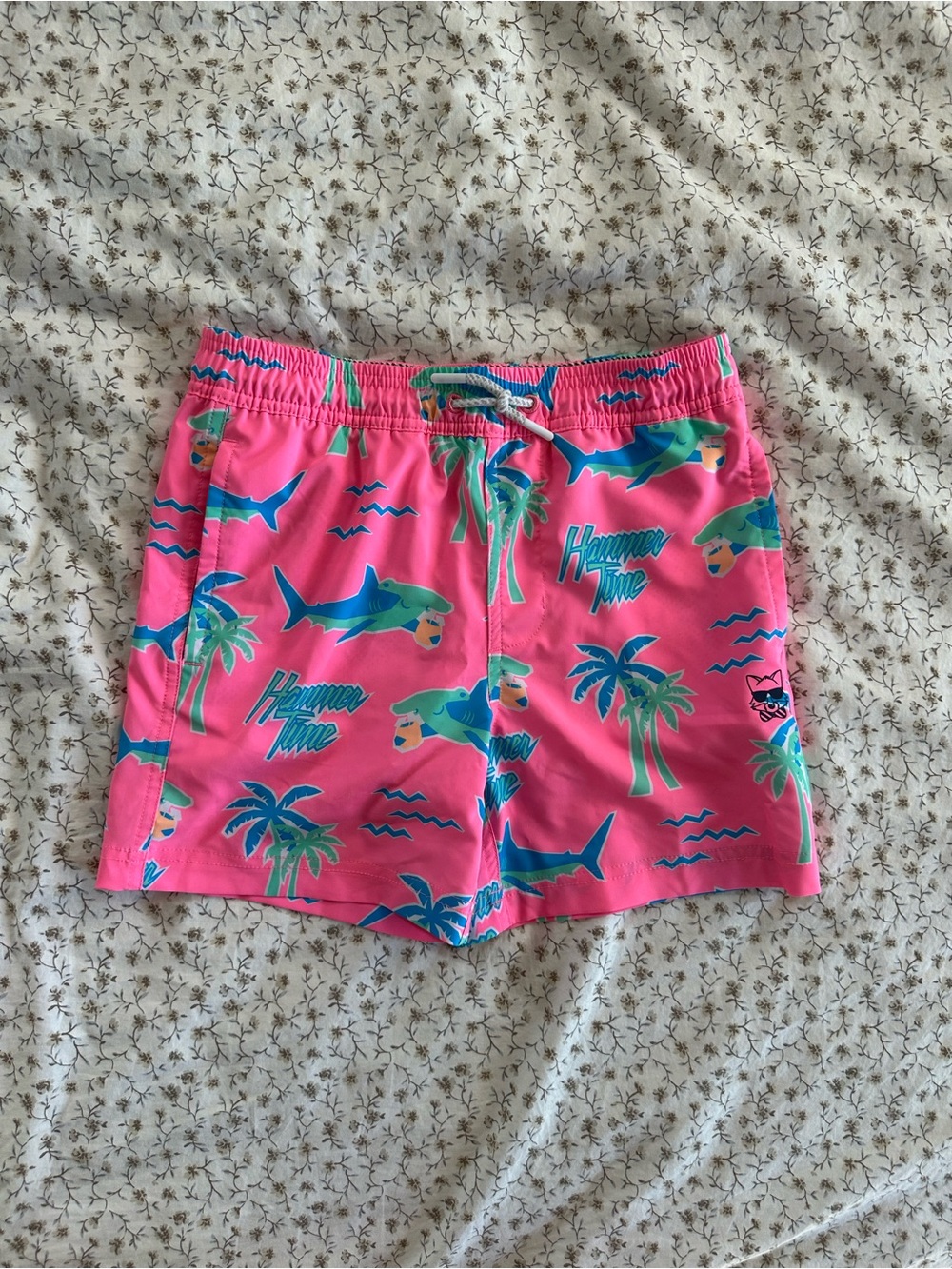 Kids' Bright Pink Shark & Palm Swim Trunks with Elastic Waist